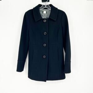 J. Crew Black Collared Thick Pleated Wool Blend Peacoat Jacket Size 2